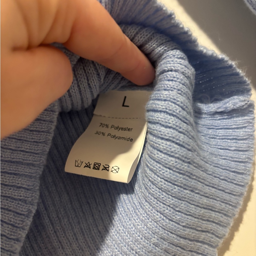 NWT Blue Ribbed Knit Sweater Pearl Accents Lace Cuff Top Size L - Picture 5 of 14